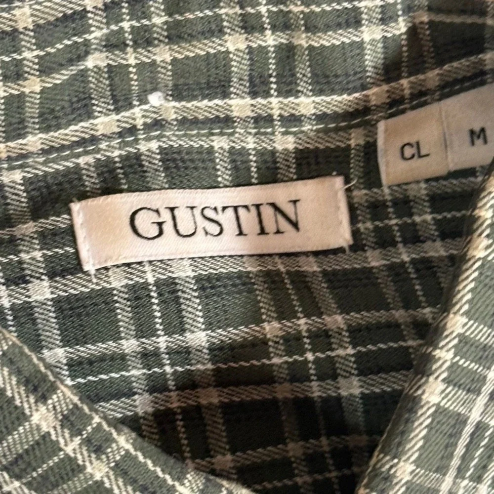 Gustin Mens Green White Plaid Button Down Shirt 100% Cotton Made in USA Size M